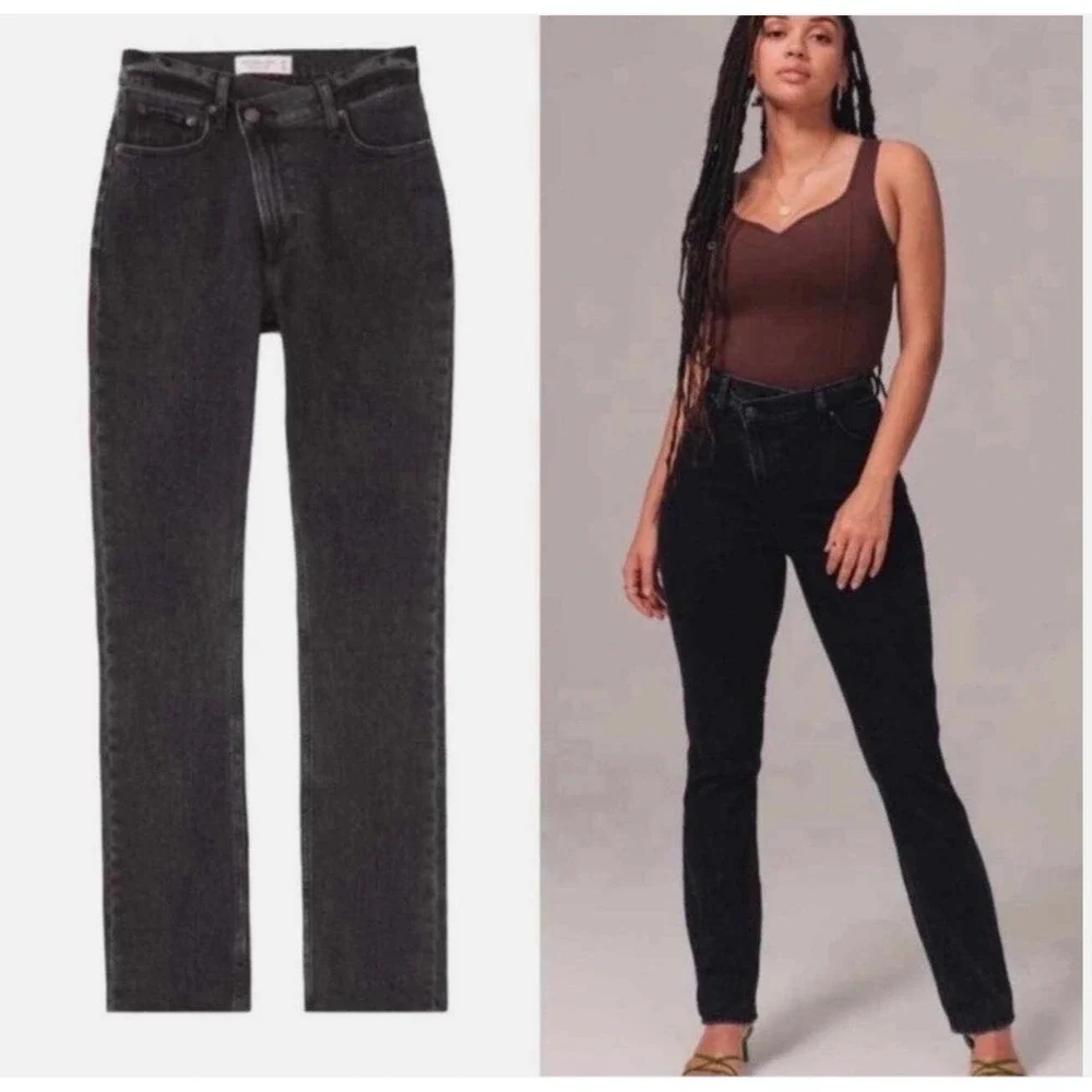 Abercrombie & Fitch The 90s Slim Straight Ultra Rise Black High Rise Criss Cross
